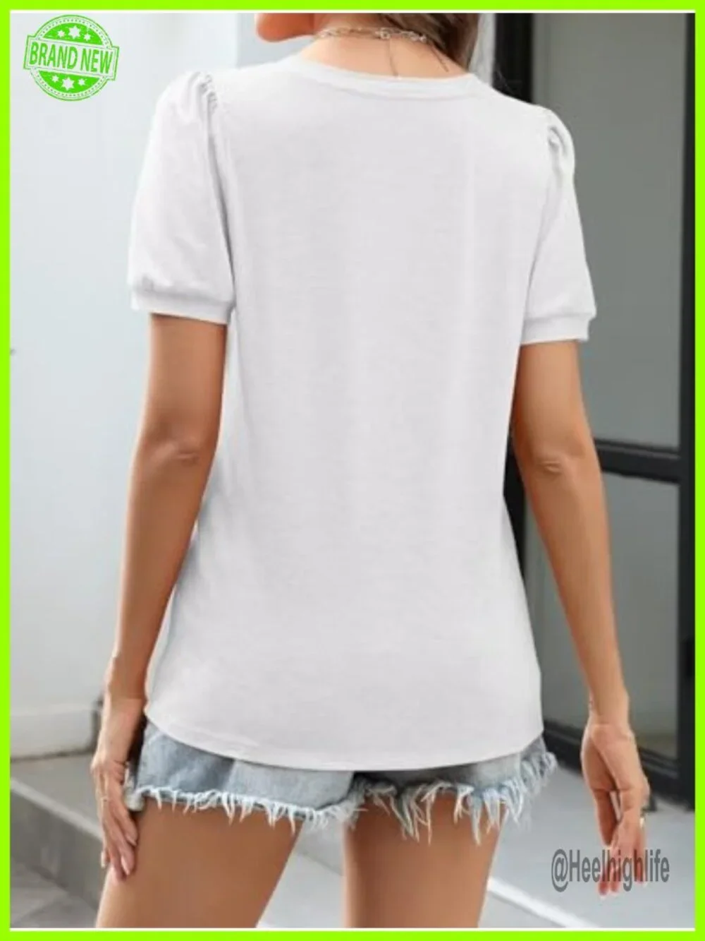 Womens Pleated V Neck Puff Short Sleeve T Shirt Casual Summer Top